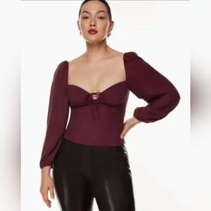 Aritzia Burgundy Puff Sleeve Tie Front Top